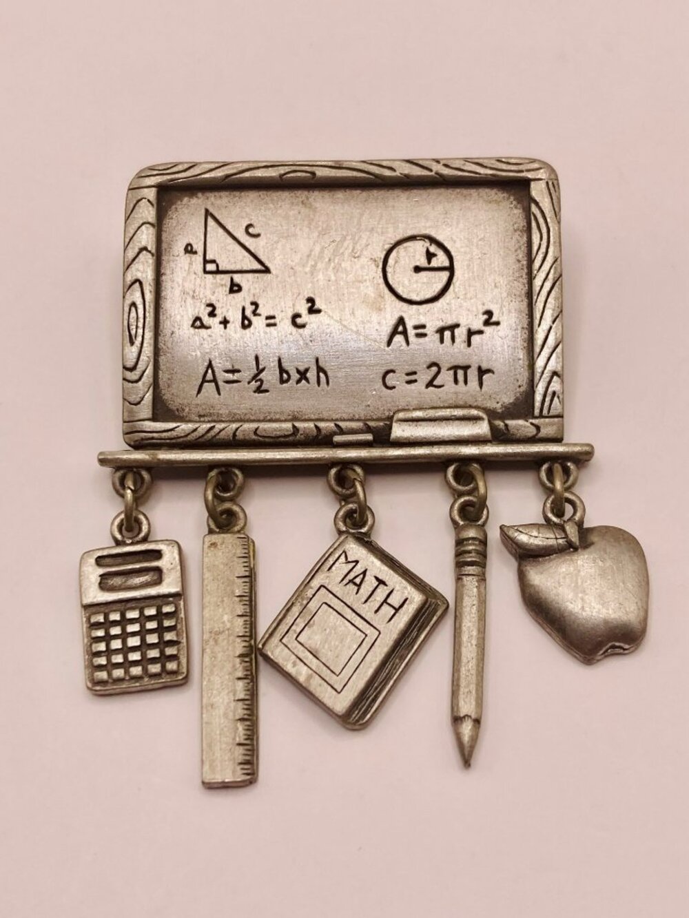 Vintage JJ Pewter Teacher Brooch Pin Math Blackboard & Hanging Charms -11B